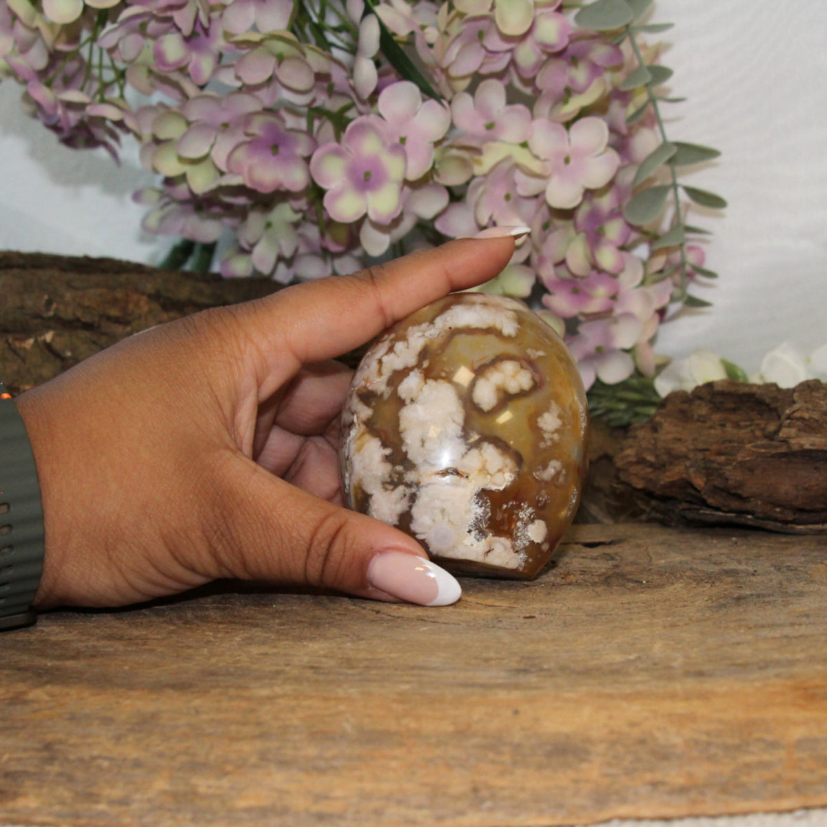 Agat blomskulptur, vit till beige, 389 g, nr 15