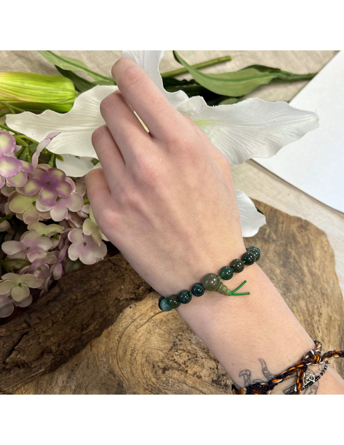 Mossagat armband, 8 mm pärlor, 18 cm
