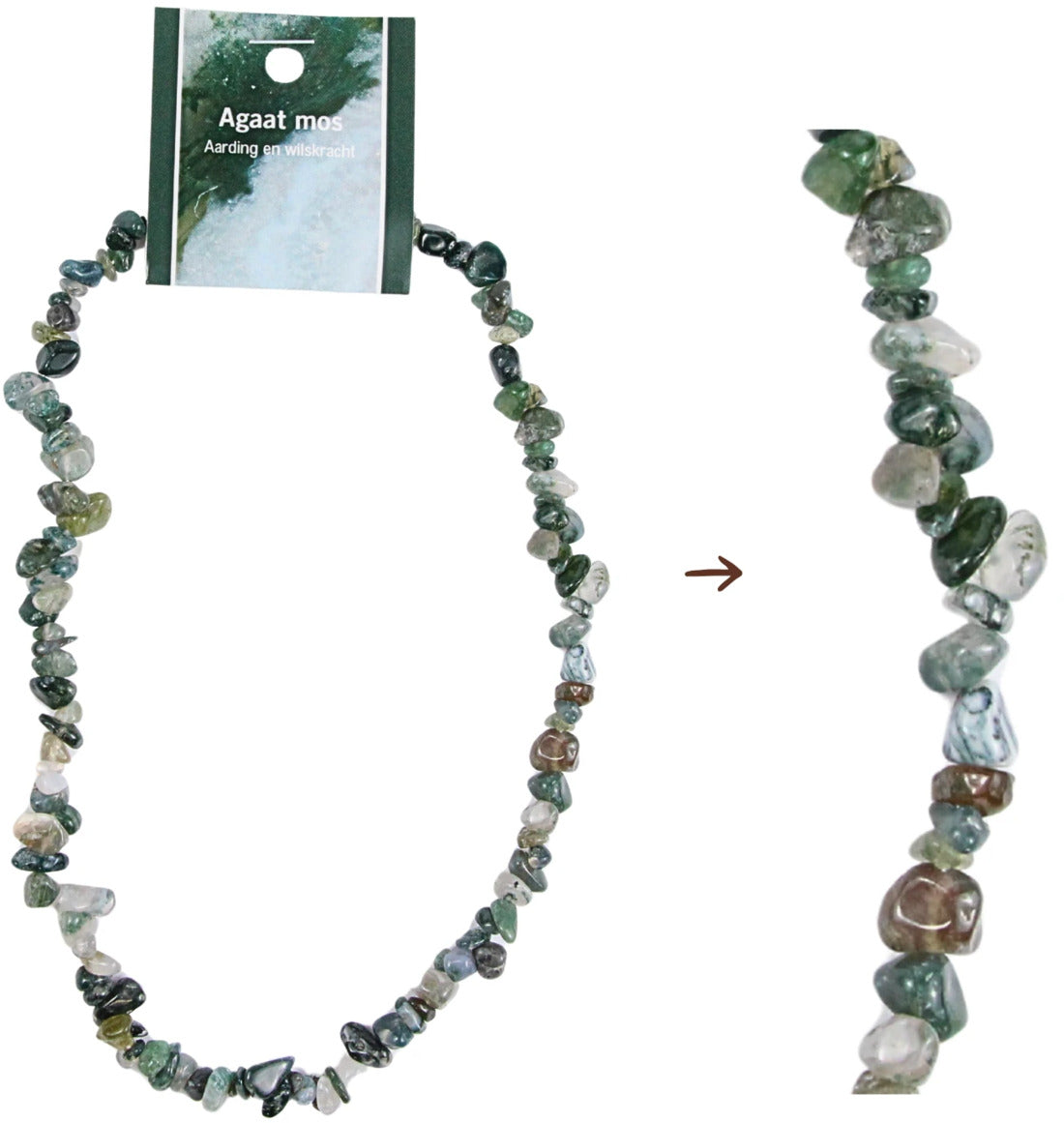 Mossagat halsband med splitstenar, 5 till 10 mm, 45 cm, På kort