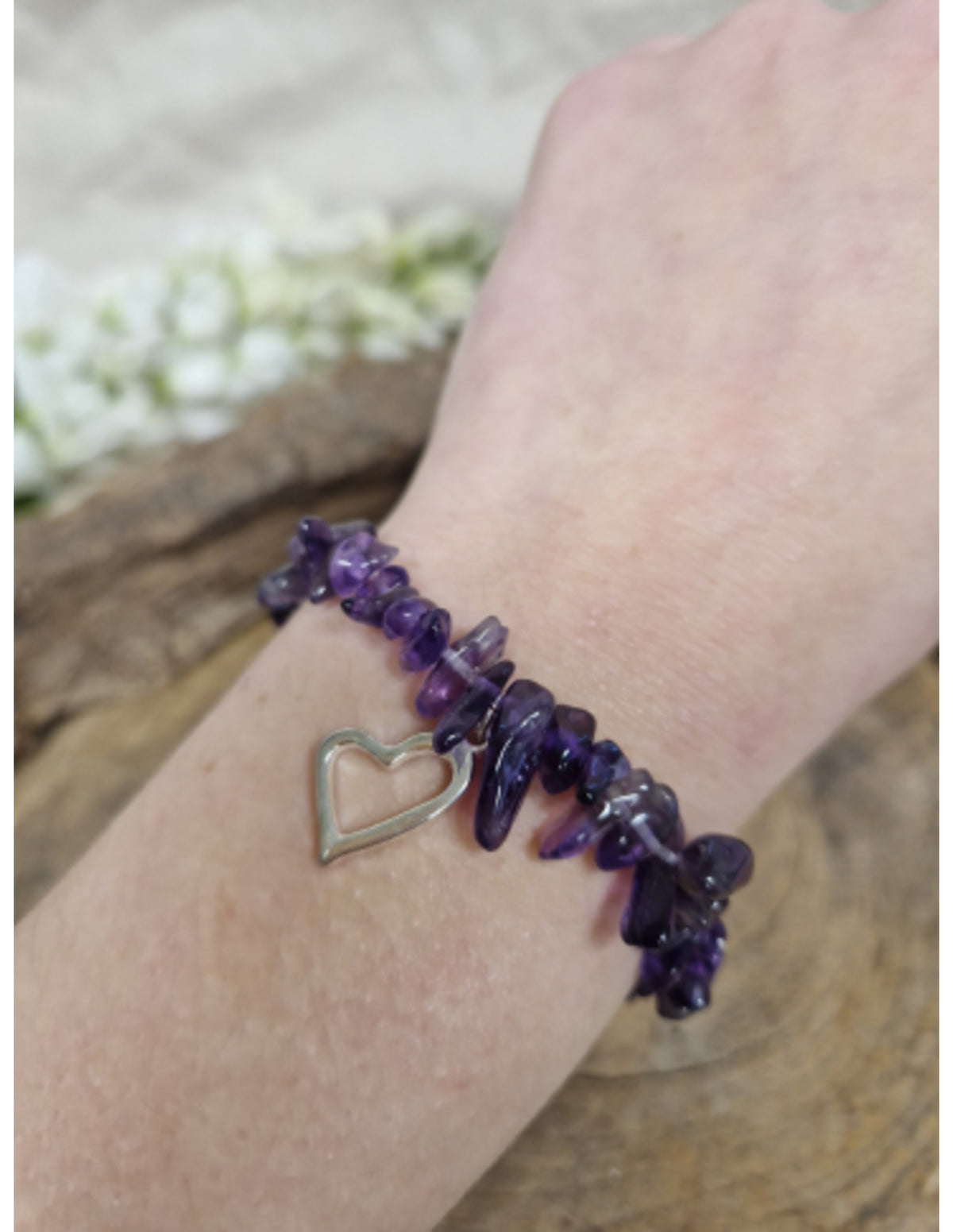 Ametist armband med splitstenar och hjärtberlock, 18 cm