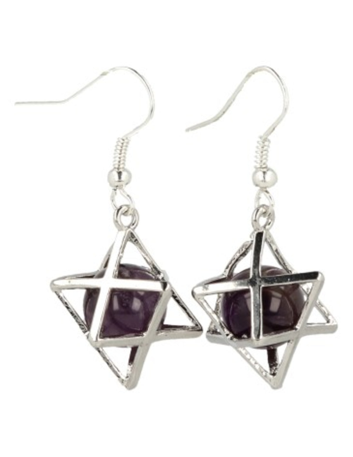 Ametist örhängen med merkaba, silverfärgat bur, 2,5 cm