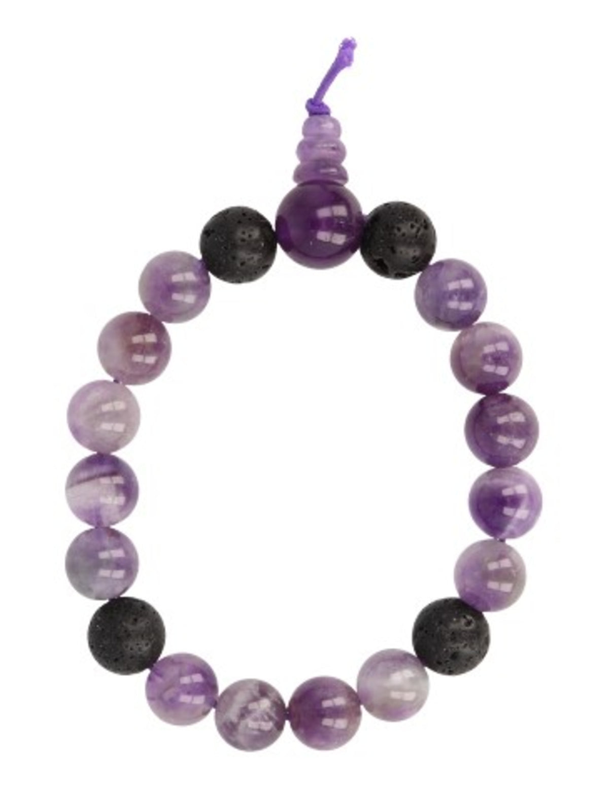 Ametist armband för män, 10 mm pärlor och lavasten, 21 cm, Utan kort