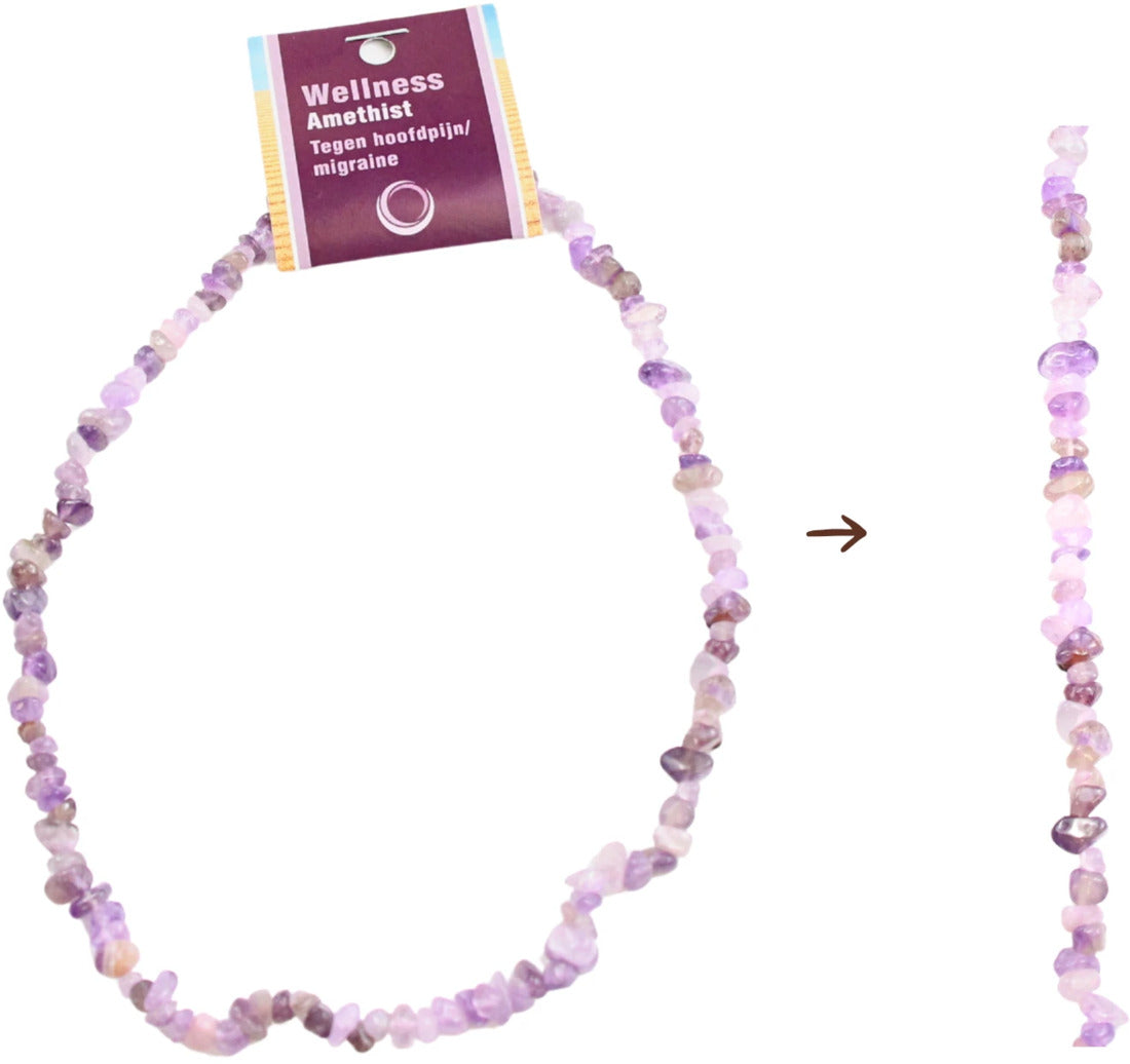 Ametist halsband med splitstenar, med displaykort