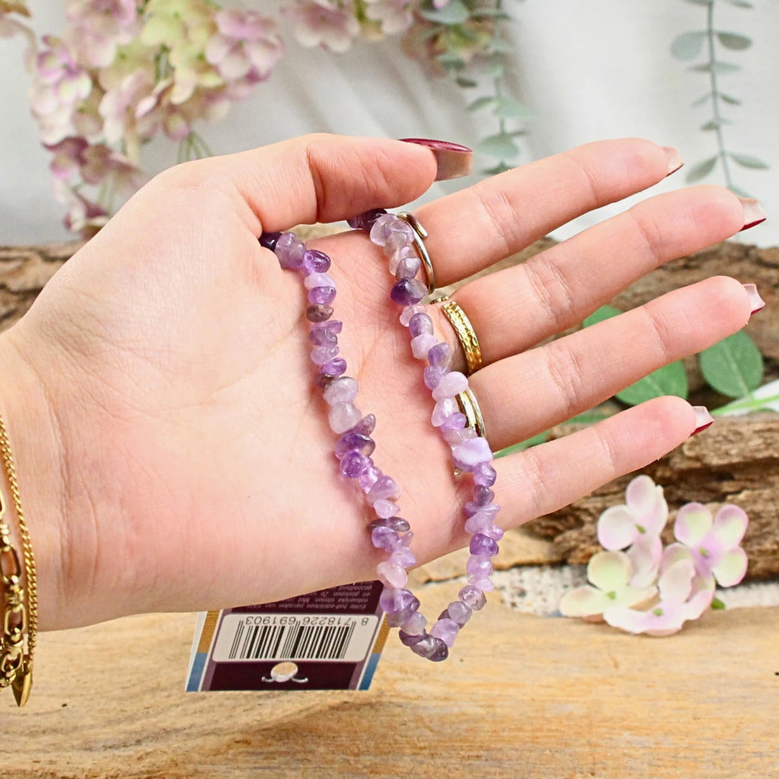 Ametist halsband med splitstenar, med displaykort
