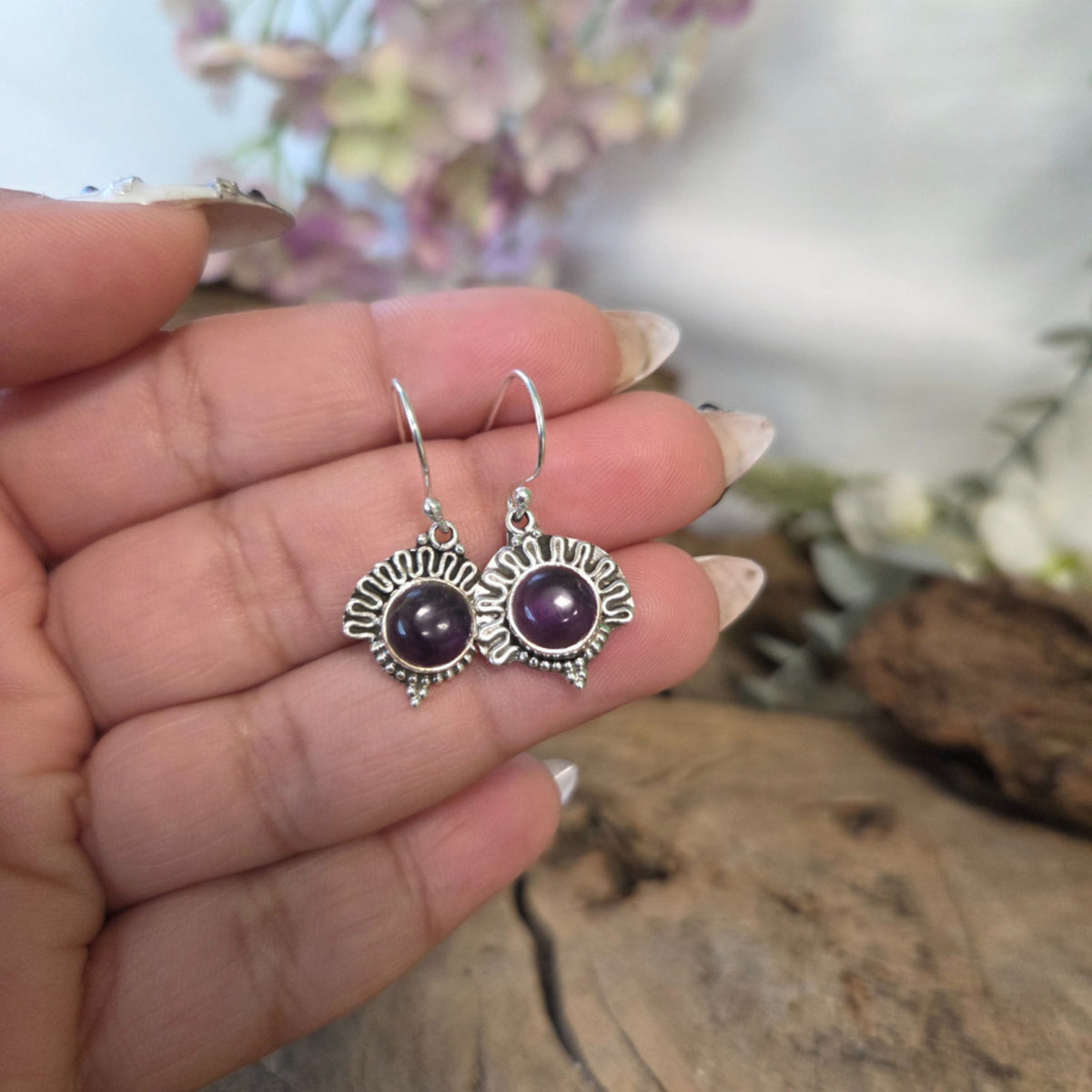 Ametist örhängen i silver, påfågel, 3 cm