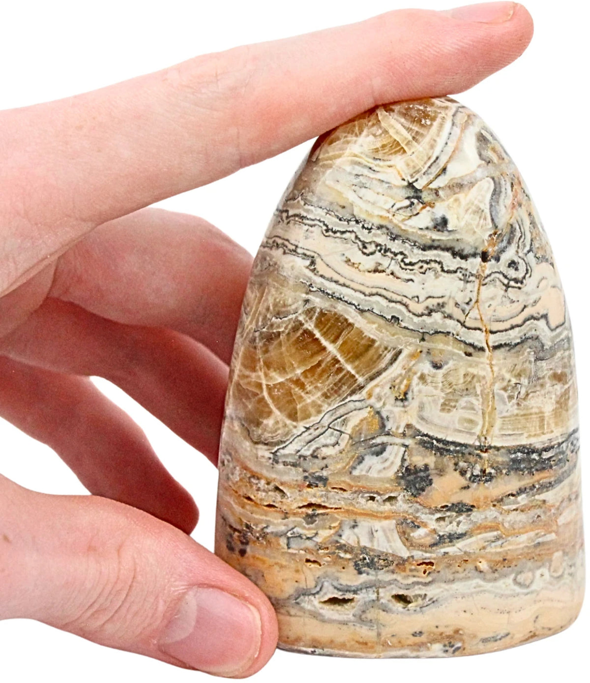 Aragonit zebra skulptur, 8,8 x 3,3 x 6,2 cm, nr 04