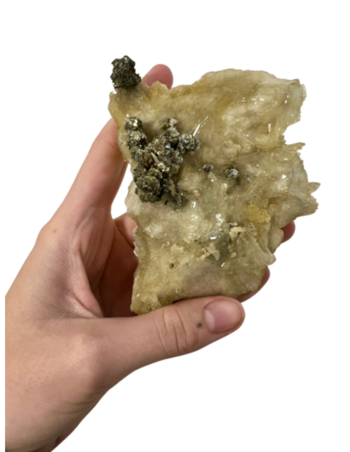 Baryt mineralprov med kalcit och kopparkis, 342 g, nr 1