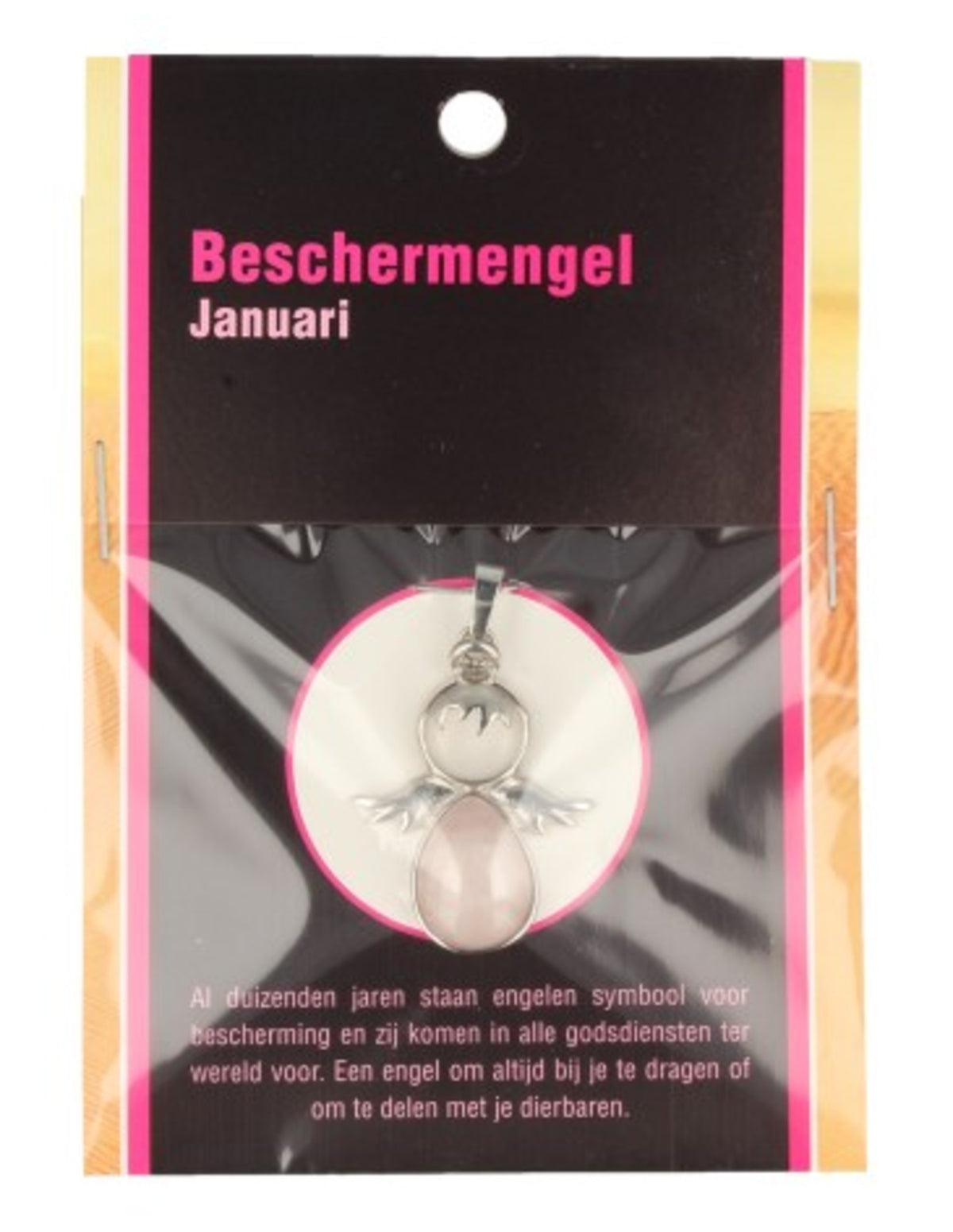 Rosenkvarts skyddsängel hänge, januari, 3,5 cm, På kort