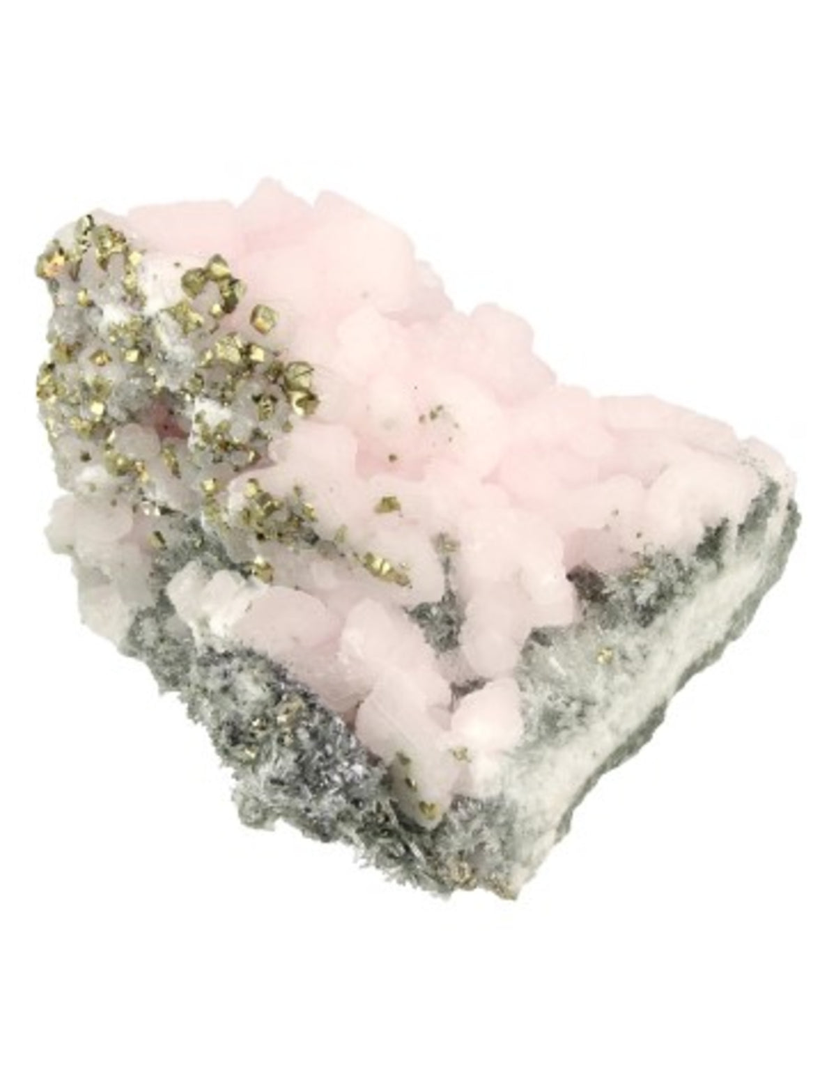 Mangankalcit mineralprov med bergkristall och pyrit, nr 128