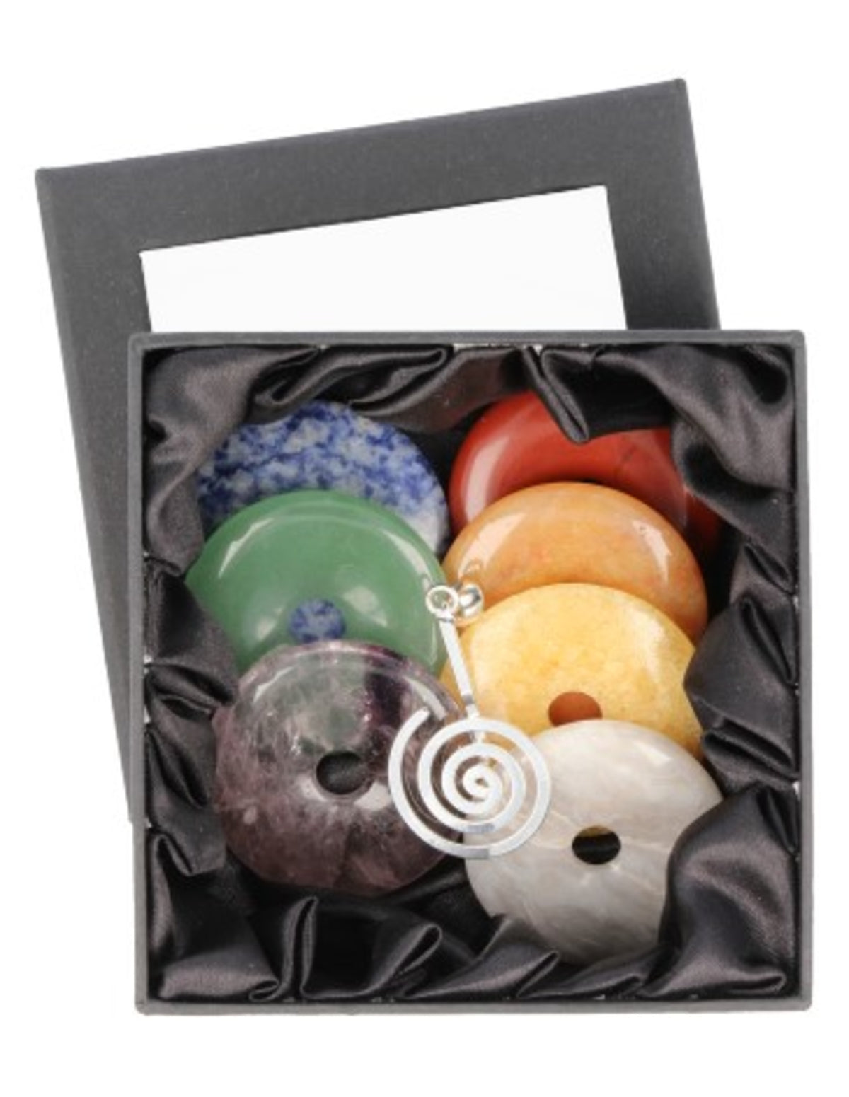 Chakra donut set, 7 stenar i chakrans färger, 40 mm
