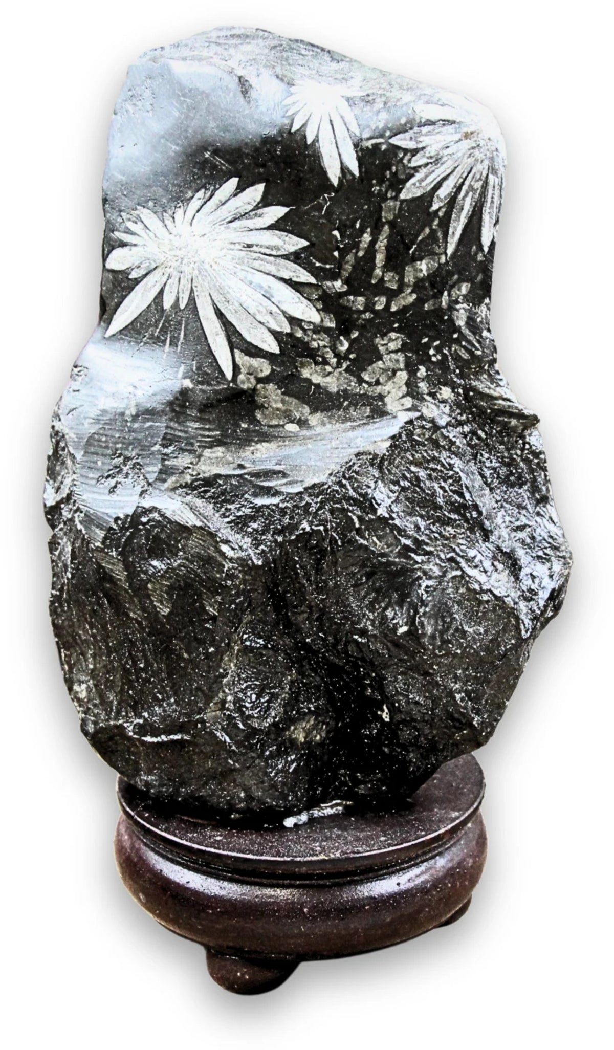Krysantemumsten skulptur, grå med vita blommor, 19,5 cm, nr 11