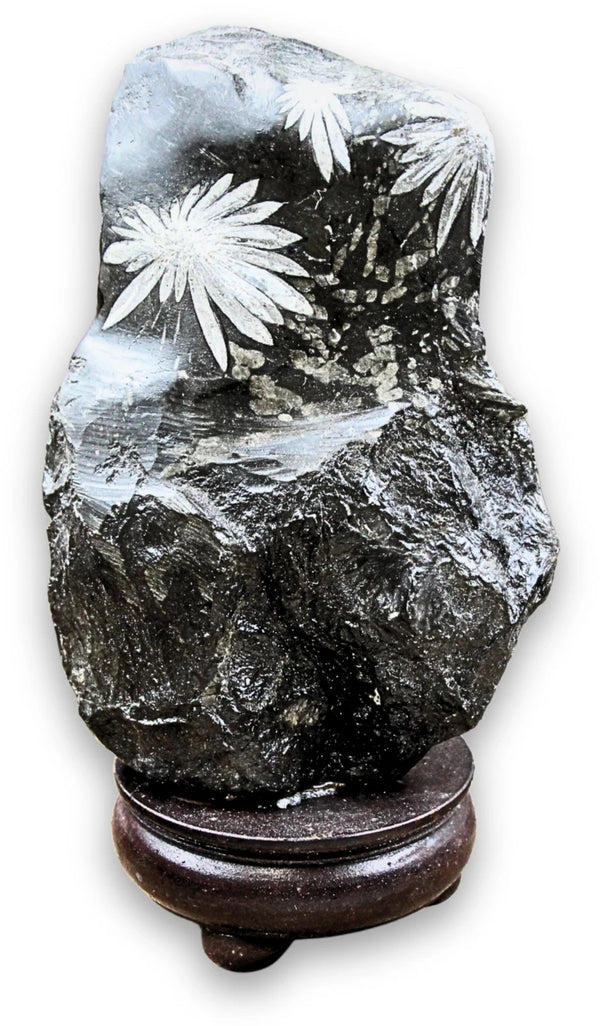 Krysantemumsten skulptur, grå med vita blommor, 19,5 cm, nr 11