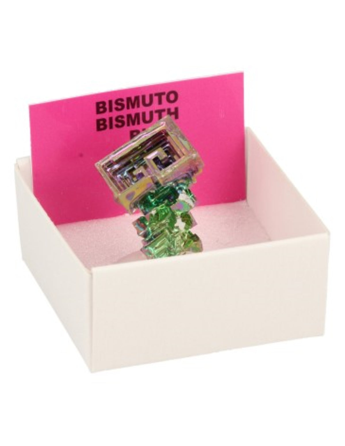 Vismut kristall i ask, labbodlad, iriserande, ca 2 cm