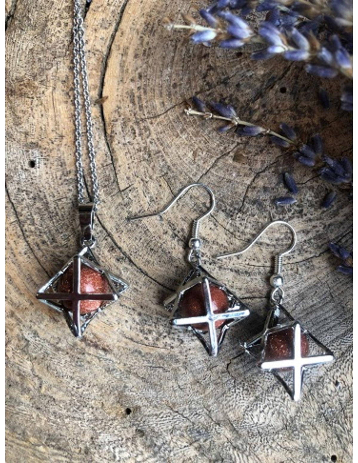 Guldsten smyckesset (glas): merkabah-hänge och örhängen