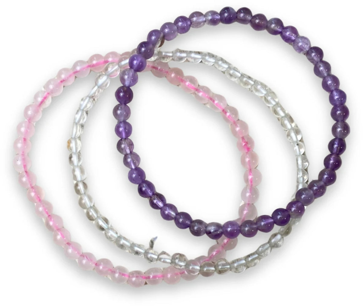 Armband i set: ametist, rosenkvarts och bergkristall, 4 mm