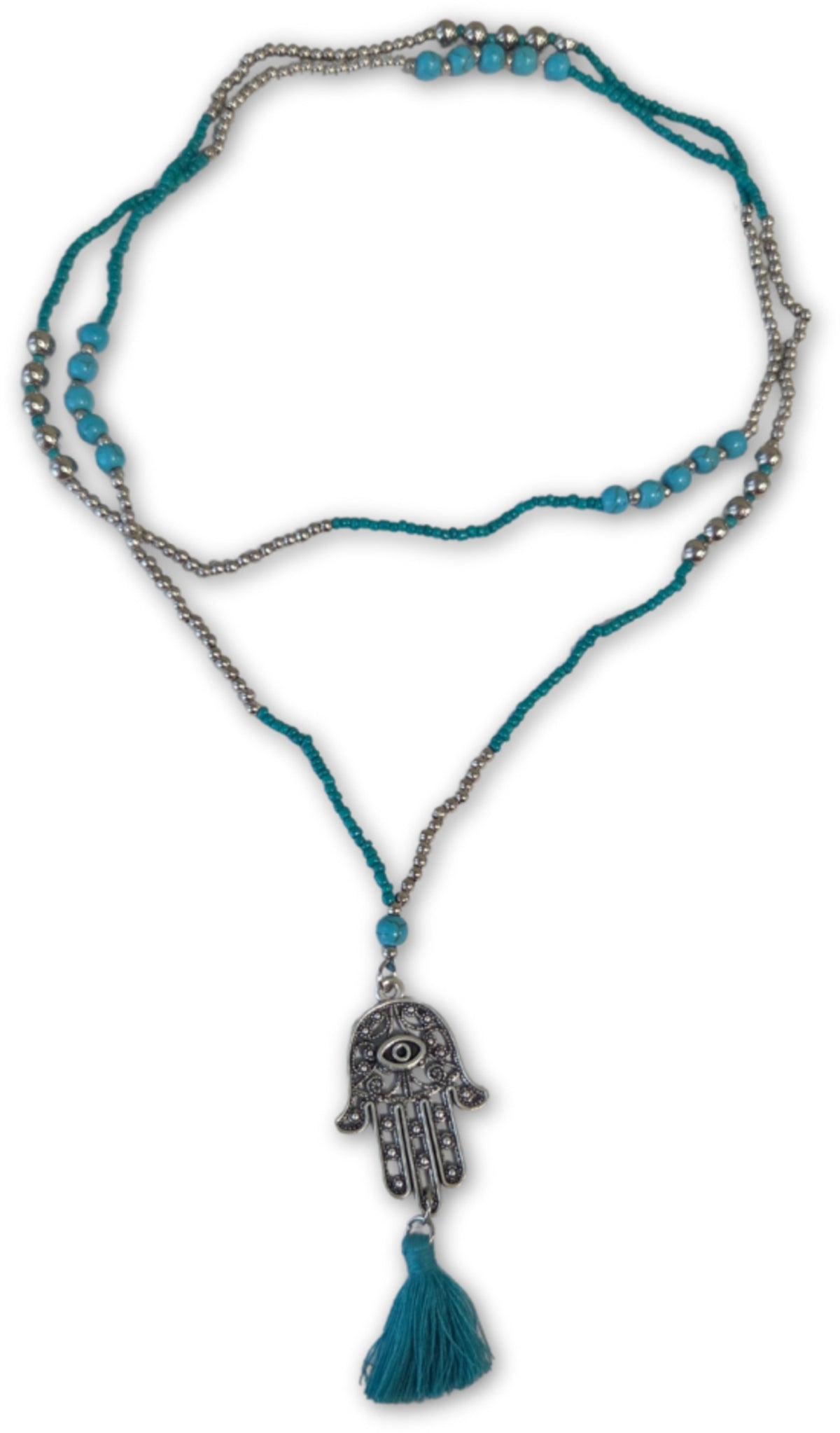 Fatimas hand halsband, Ibiza-stil, blå, 55 cm