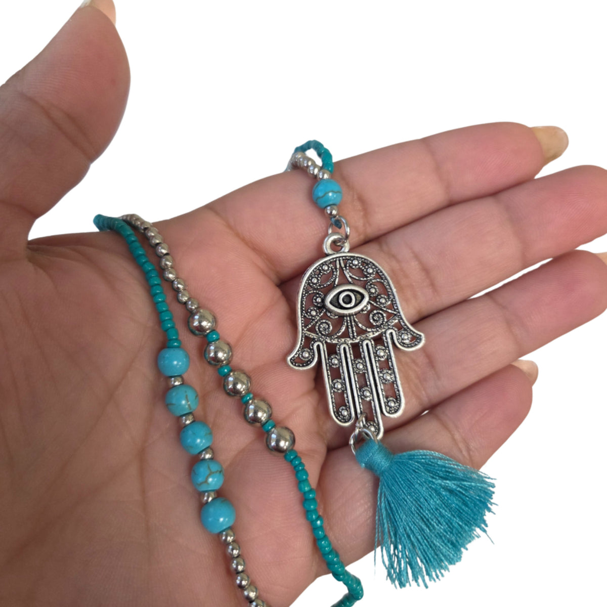 Fatimas hand halsband, Ibiza-stil, blå, 55 cm