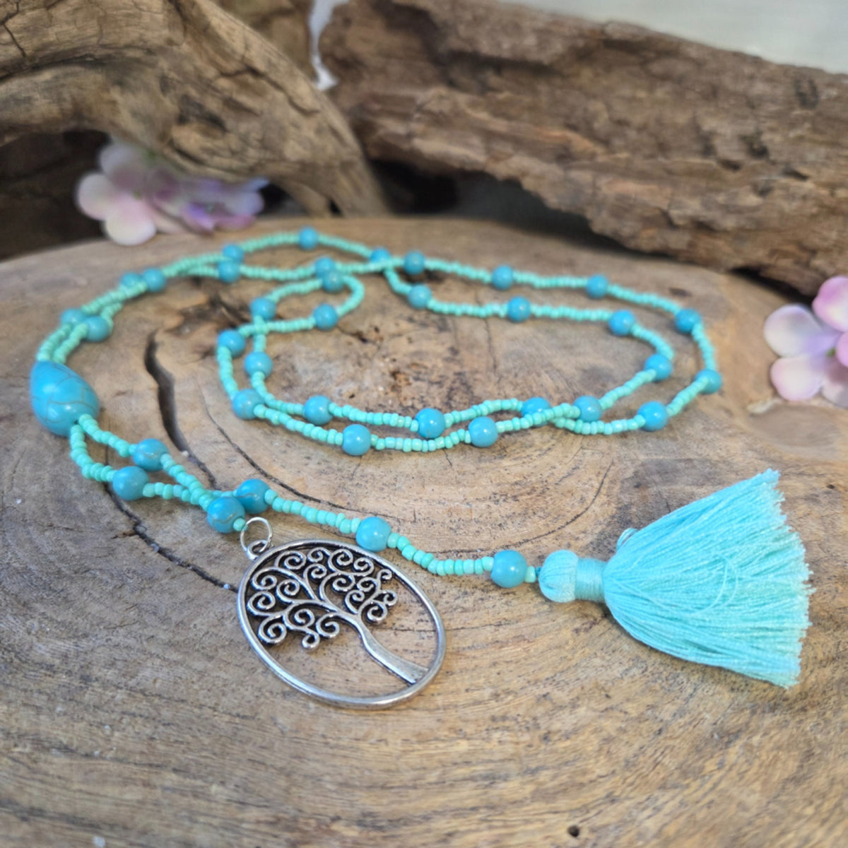 Livets träd halsband, Ibiza-stil, turkos, 55 cm, nr 1