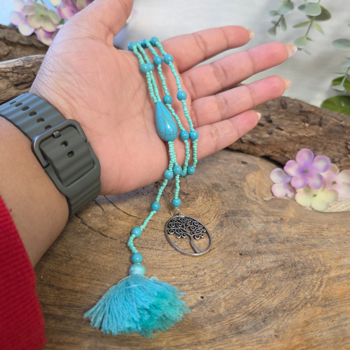Livets träd halsband, Ibiza-stil, turkos, 55 cm, nr 1