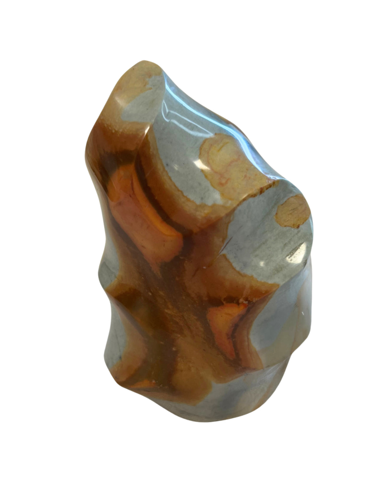 Polykrom jaspis skulptur i flamform, 11 cm, 506 g, nr 16