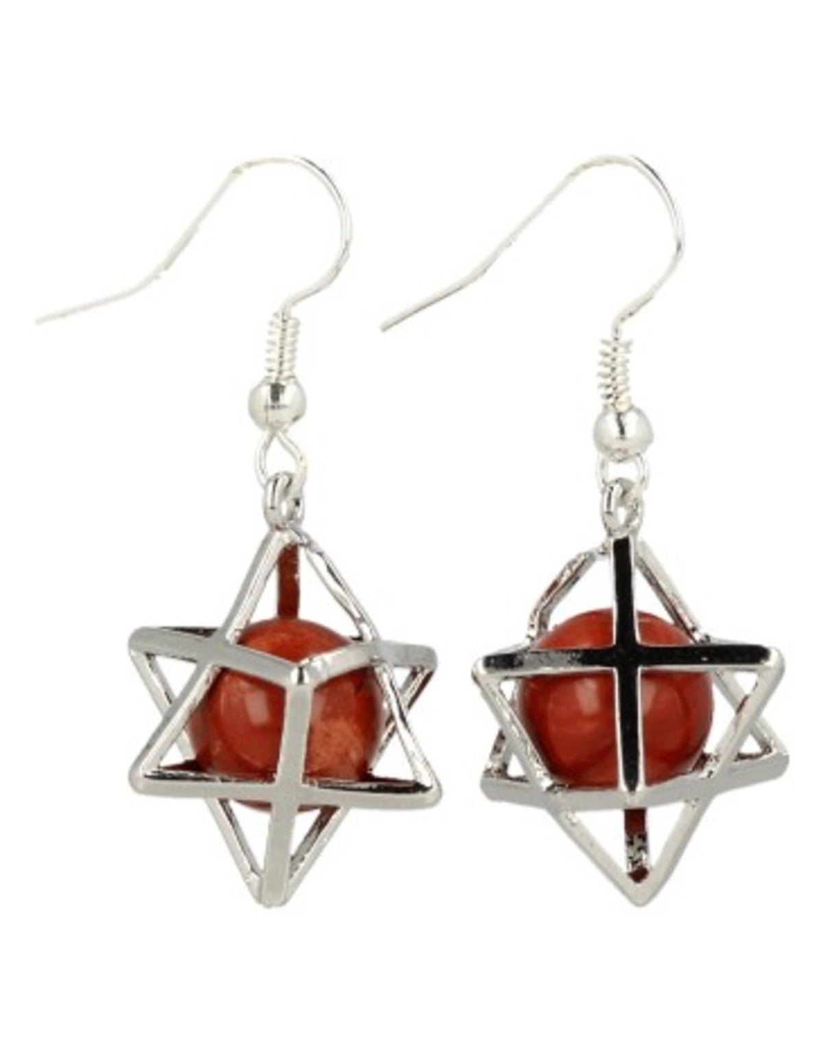 Röd jaspis örhängen, Merkabah-bur, silverfärgade, 2,5 cm
