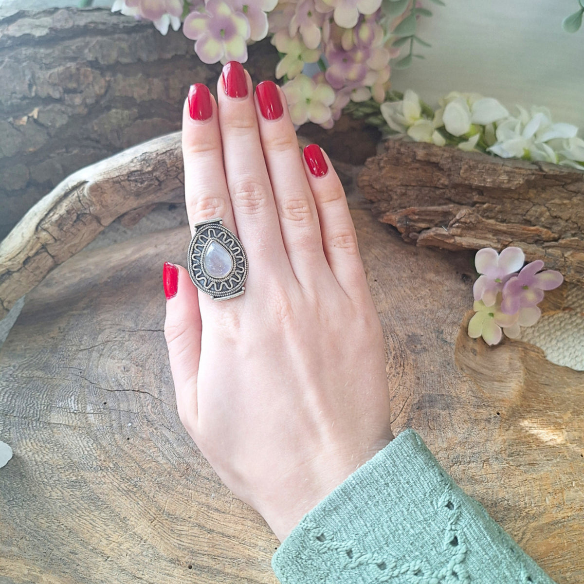 Regnbågsmånsten ring i silver, boho, storlek 19, nr 19