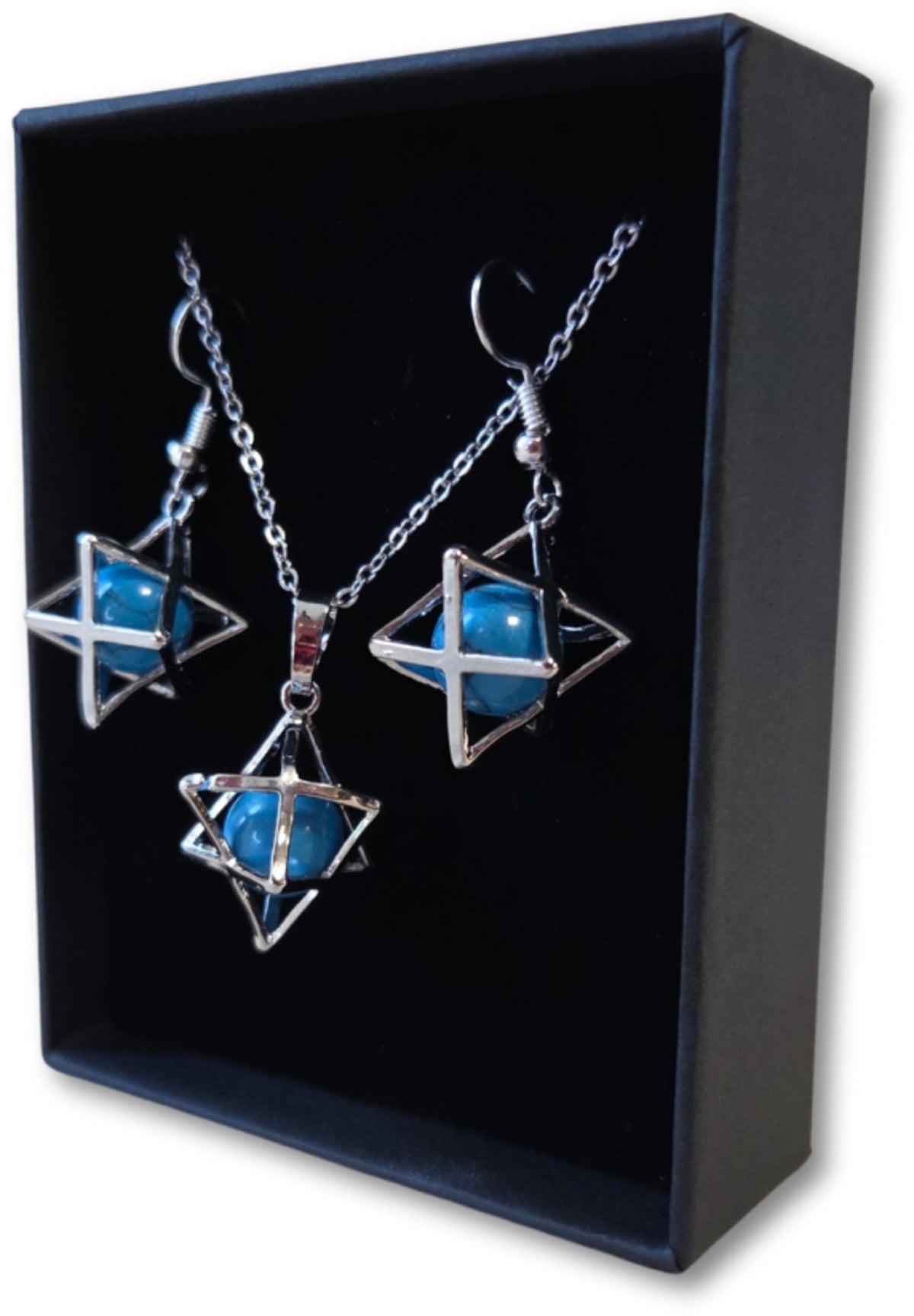 Howlit smyckesset, blå färgad, halsband och örhängen, Merkabah