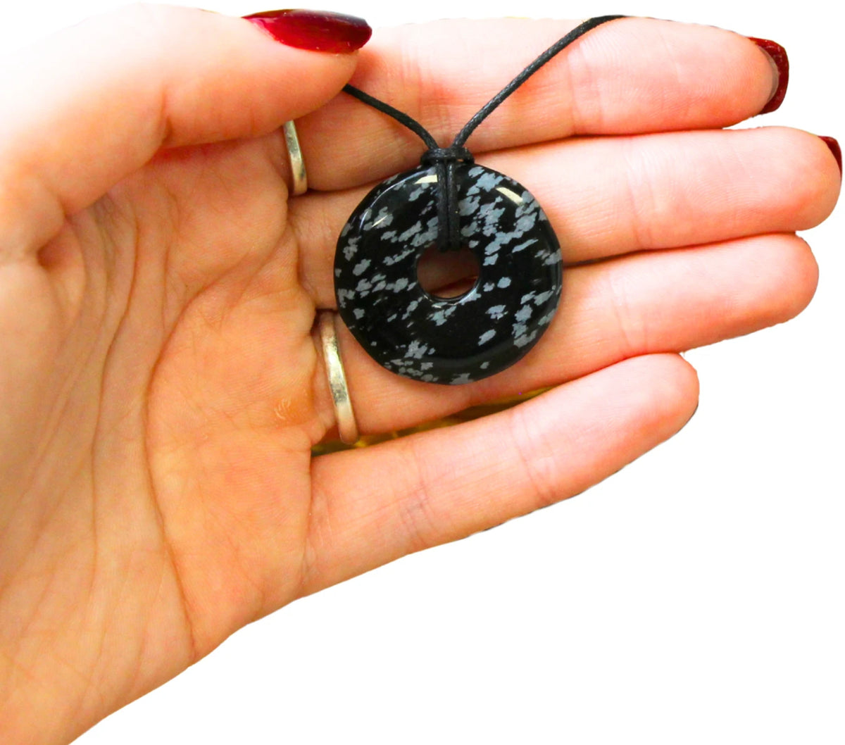 Snöflingsobsidian donut på kort, med vaxsnodd, 30 mm