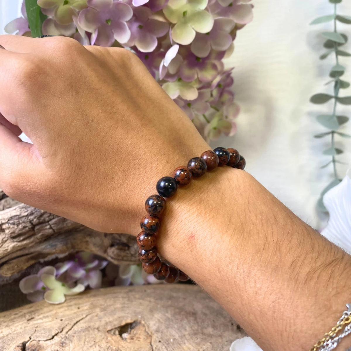 Obsidian armband med runda pärlor, mahogny, 18 cm