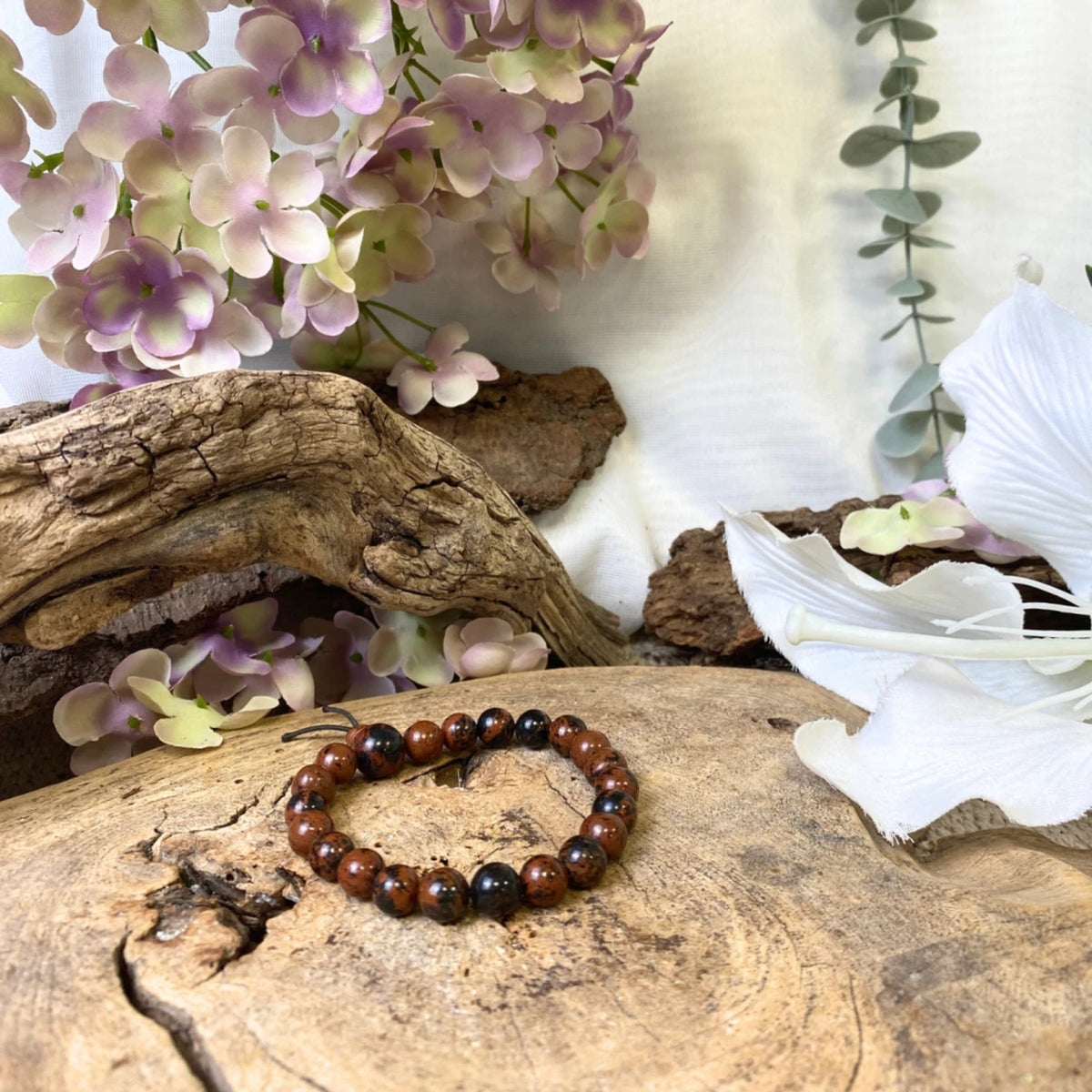 Obsidian armband med runda pärlor, mahogny, 18 cm