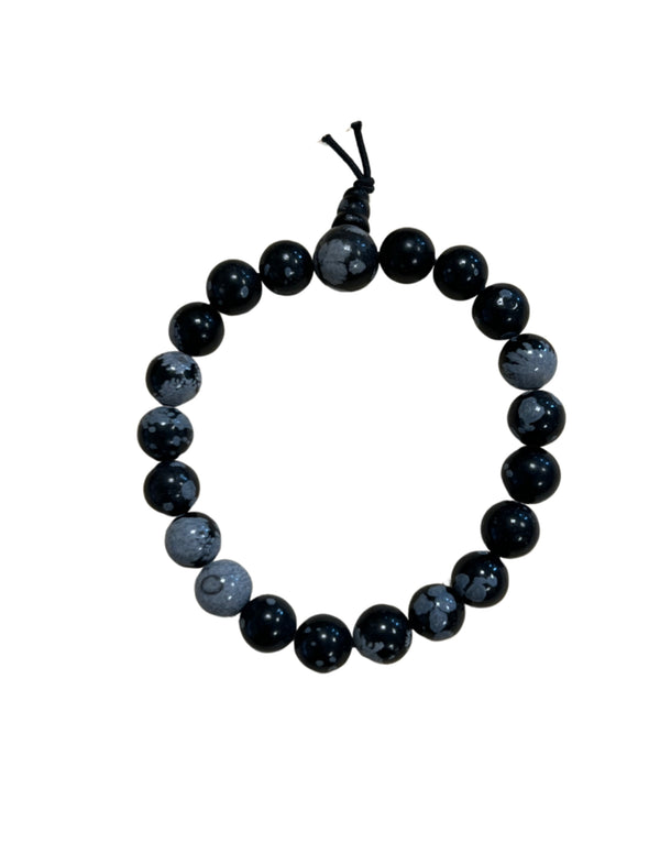 Obsidian armband med runda pärlor, snöflinga, 18 cm