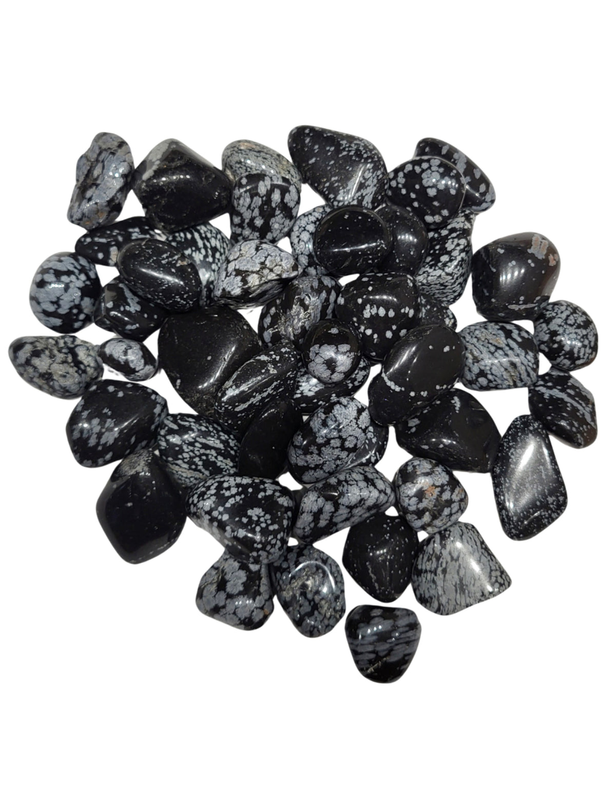 Snöflingeobsidian trumlade stenar, svart med vita fläckar, 500 g