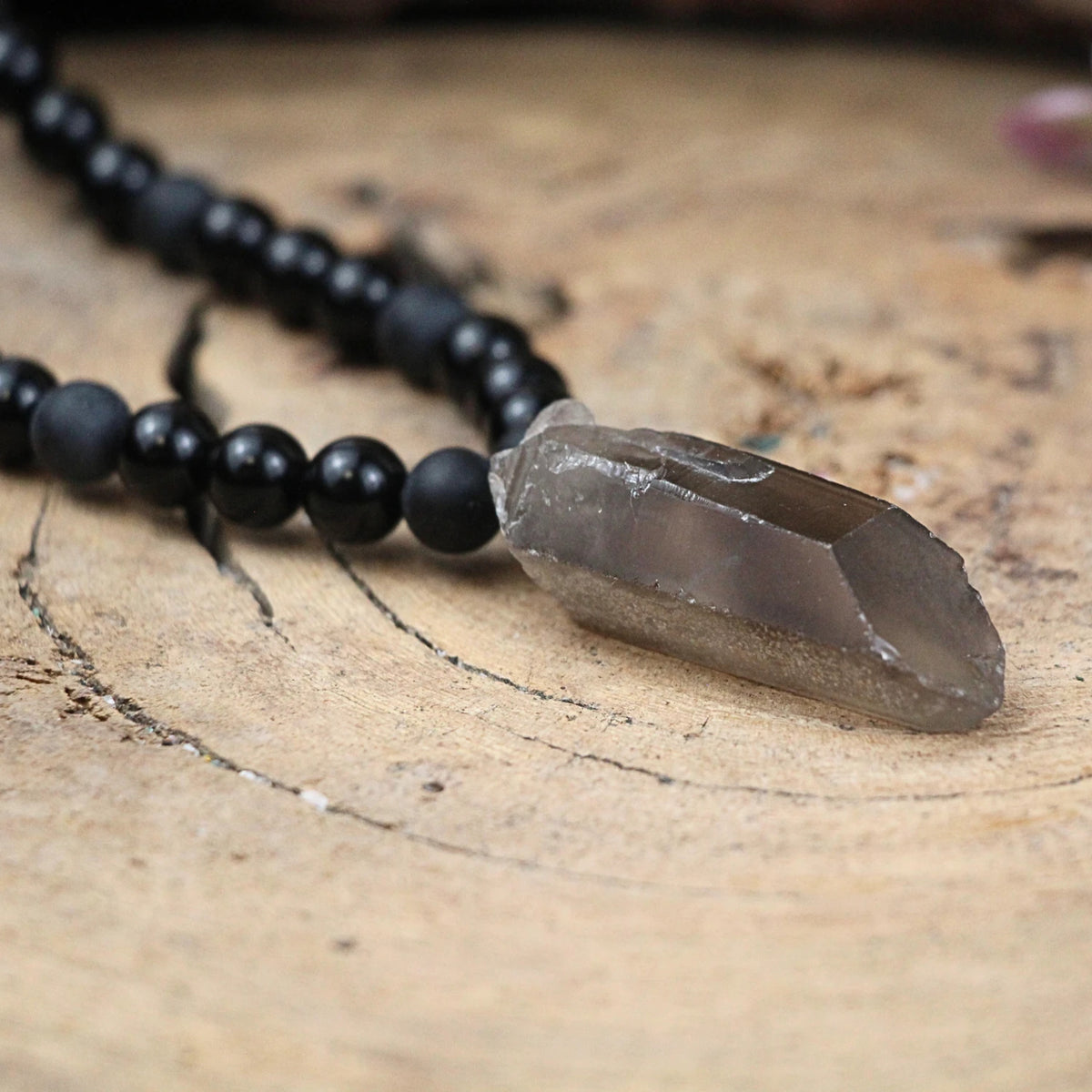 Obsidian halsband för herr med rökkvarts punkt, justerbart