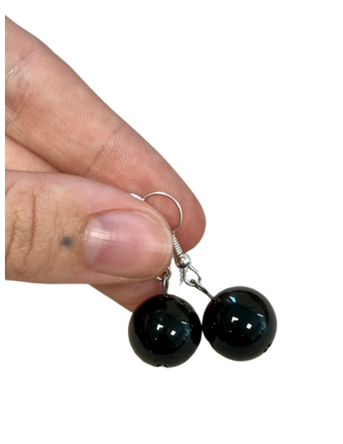 Onyx örhängen med runda kulor, silverfärgade, 14 mm
