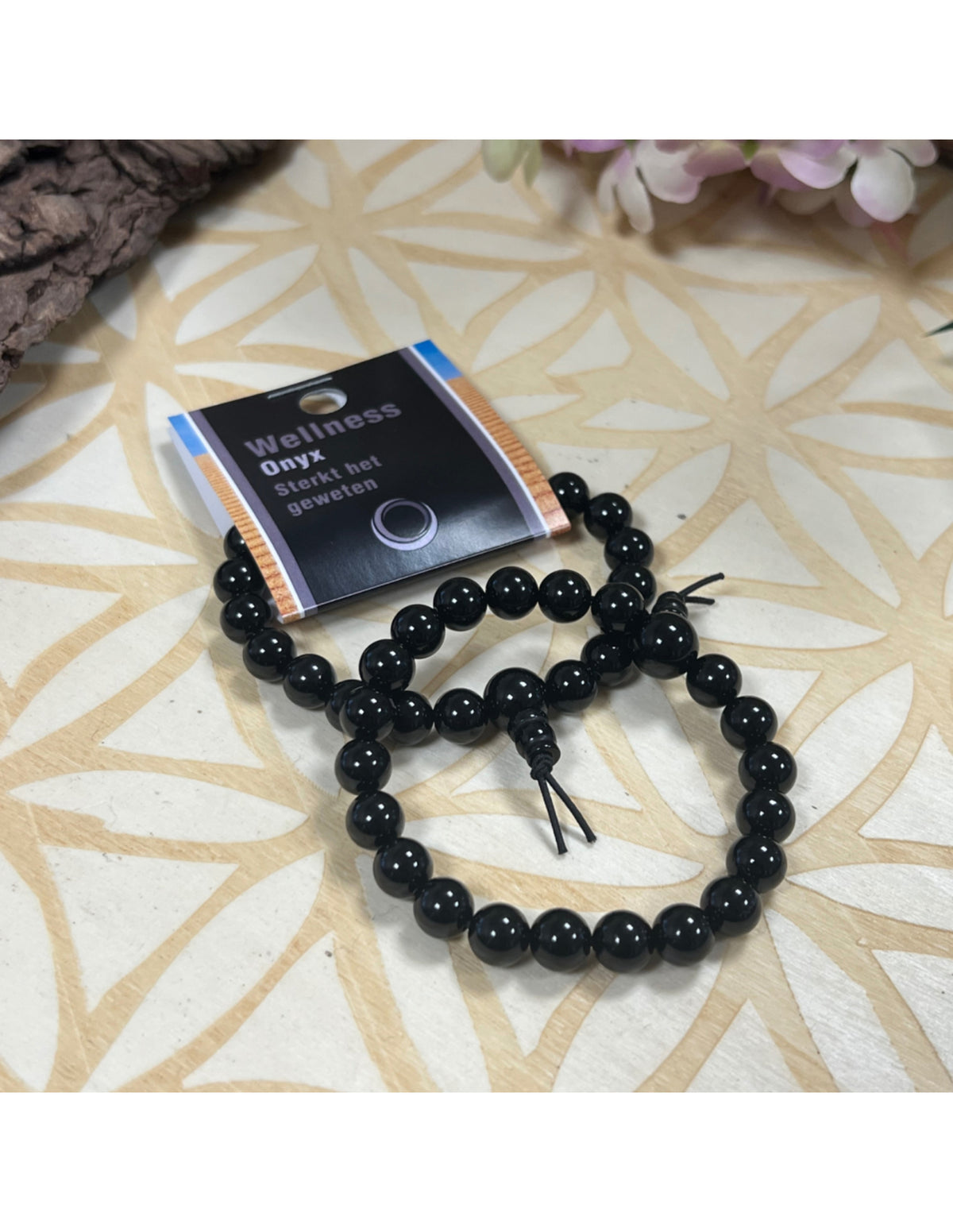 Onyx armband med runda pärlor, svart med vita band, 18 cm