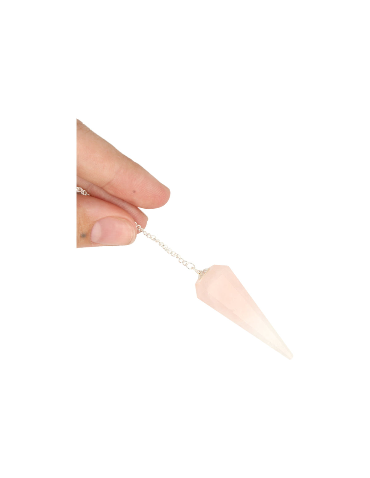 Rosenkvarts pendel, fasettslipad, på displaykort, 5 cm