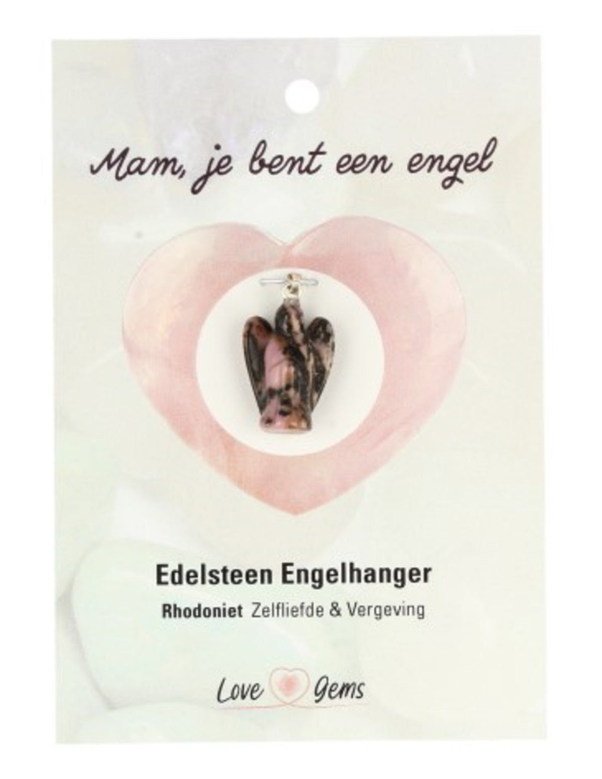 Rodonit ängelhänge på kort, 20 mm, rosa och svart