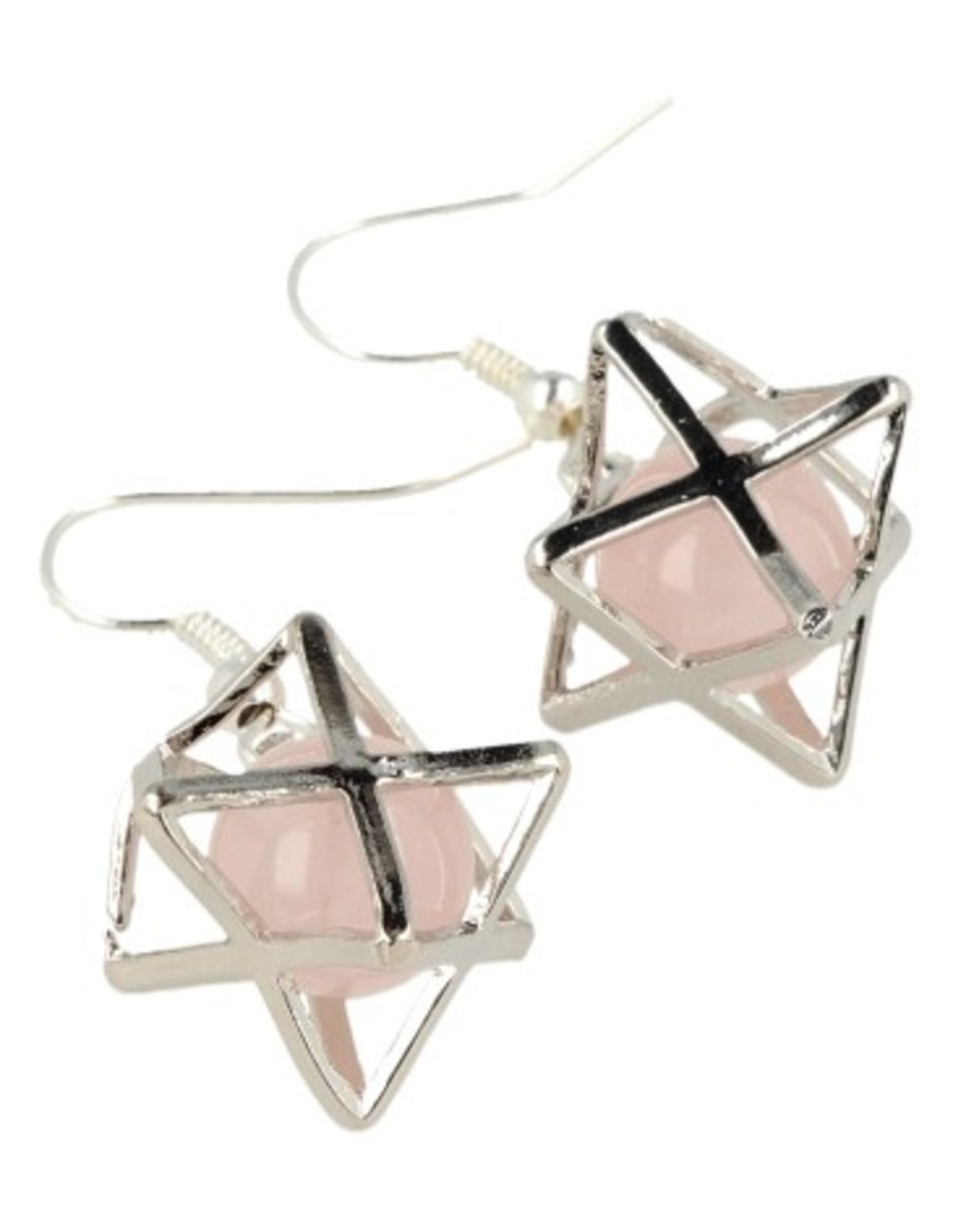 Rosenkvarts örhängen, merkabah i silverfärgad metall, 2,5 cm