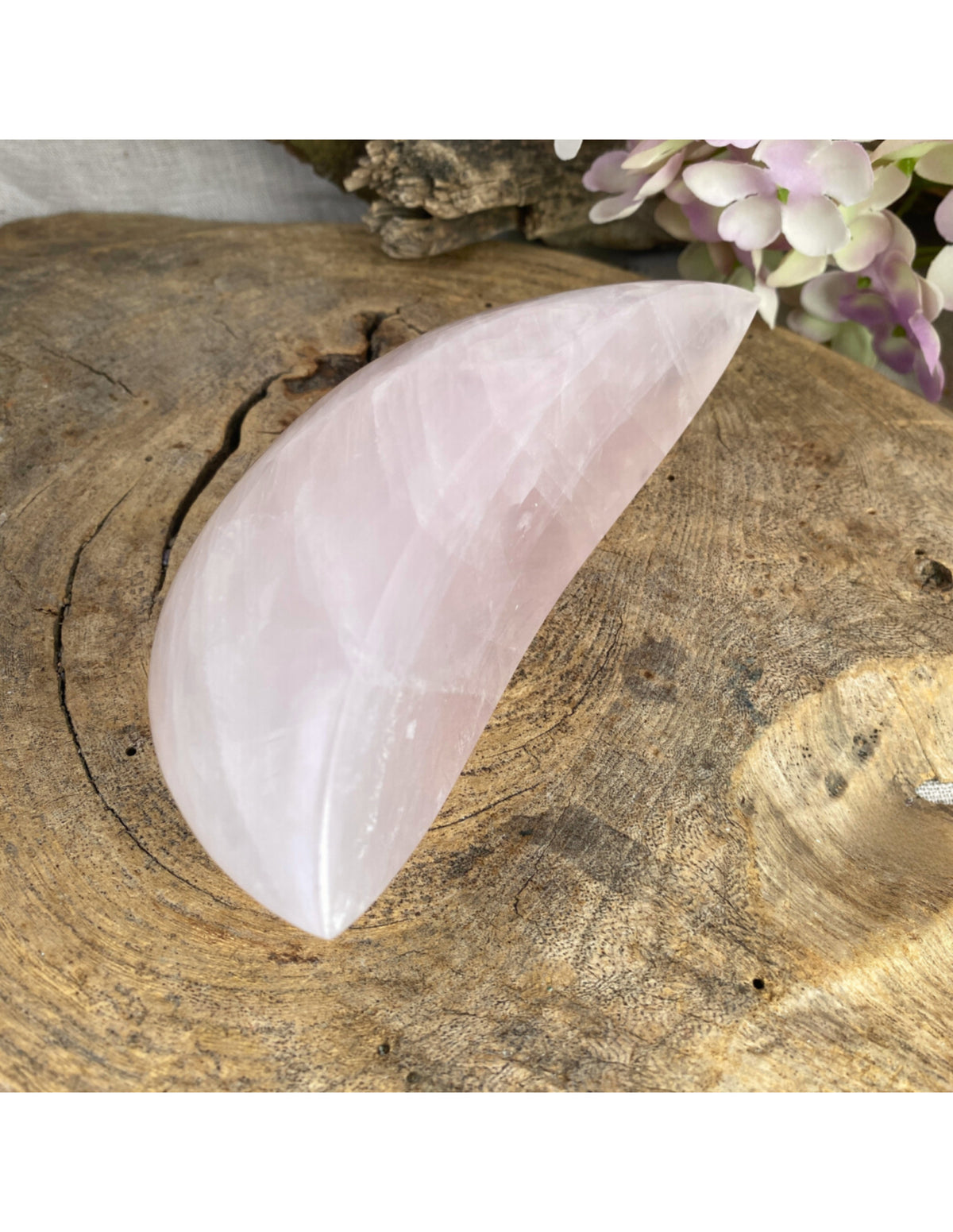 Rosenkvarts måne, 13 cm, 350 till 500 g
