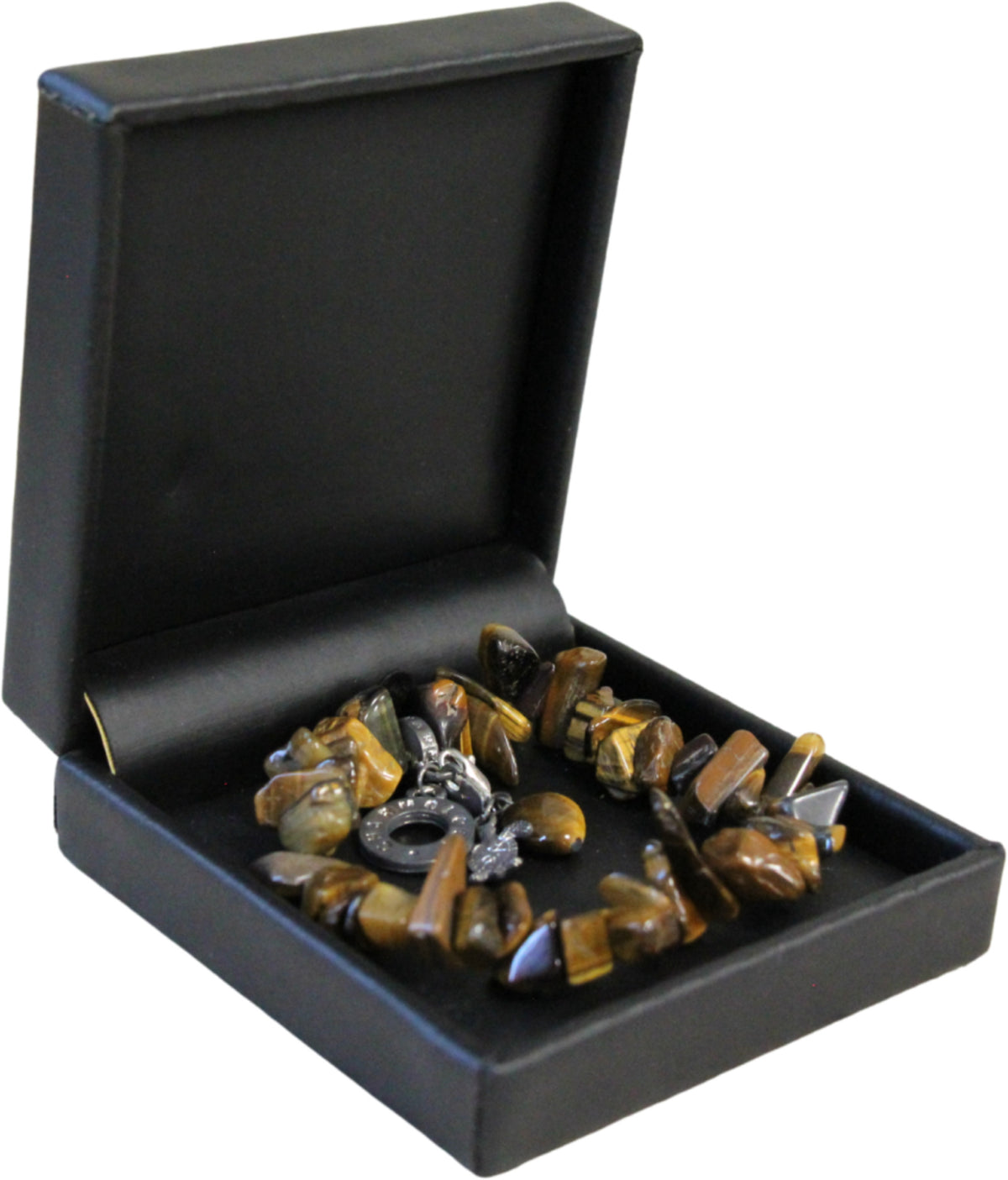 Tigeröga armband med nuggetpärlor och tre berlocker, nr 16
