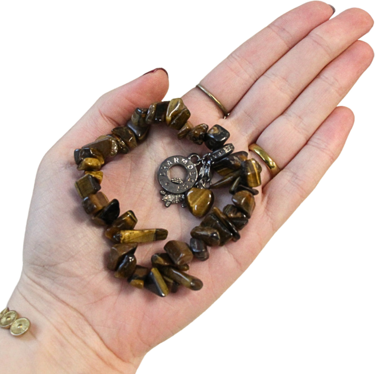 Tigeröga armband med nuggetpärlor och tre berlocker, nr 16
