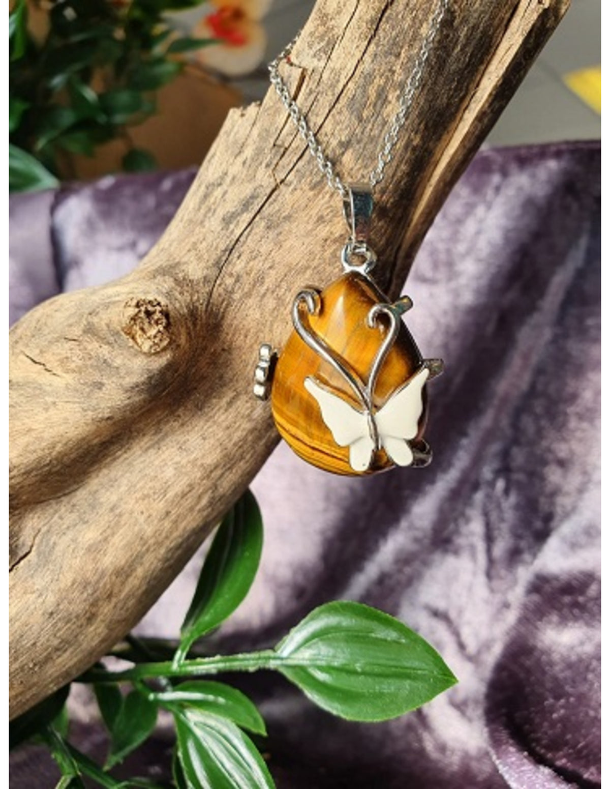 Tigeröga hänge, droppform med fjäril och blomma
