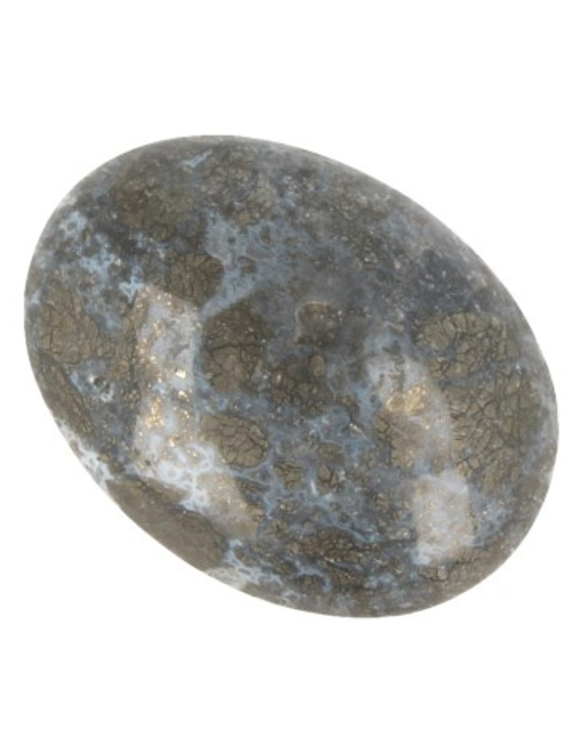 Kalcedon ficksten med pyrit, blå och guld, ca 5 x 4 cm