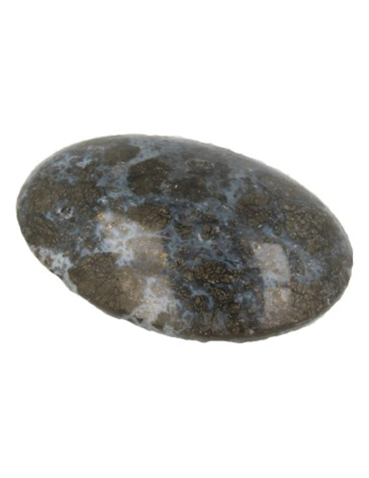 Kalcedon ficksten med pyrit, blå och guld, ca 5 x 4 cm