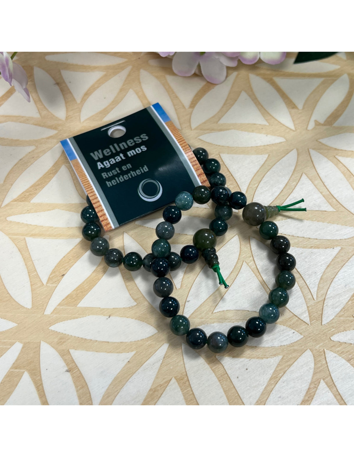 Mossagat armband, 8 mm pärlor, 18 cm