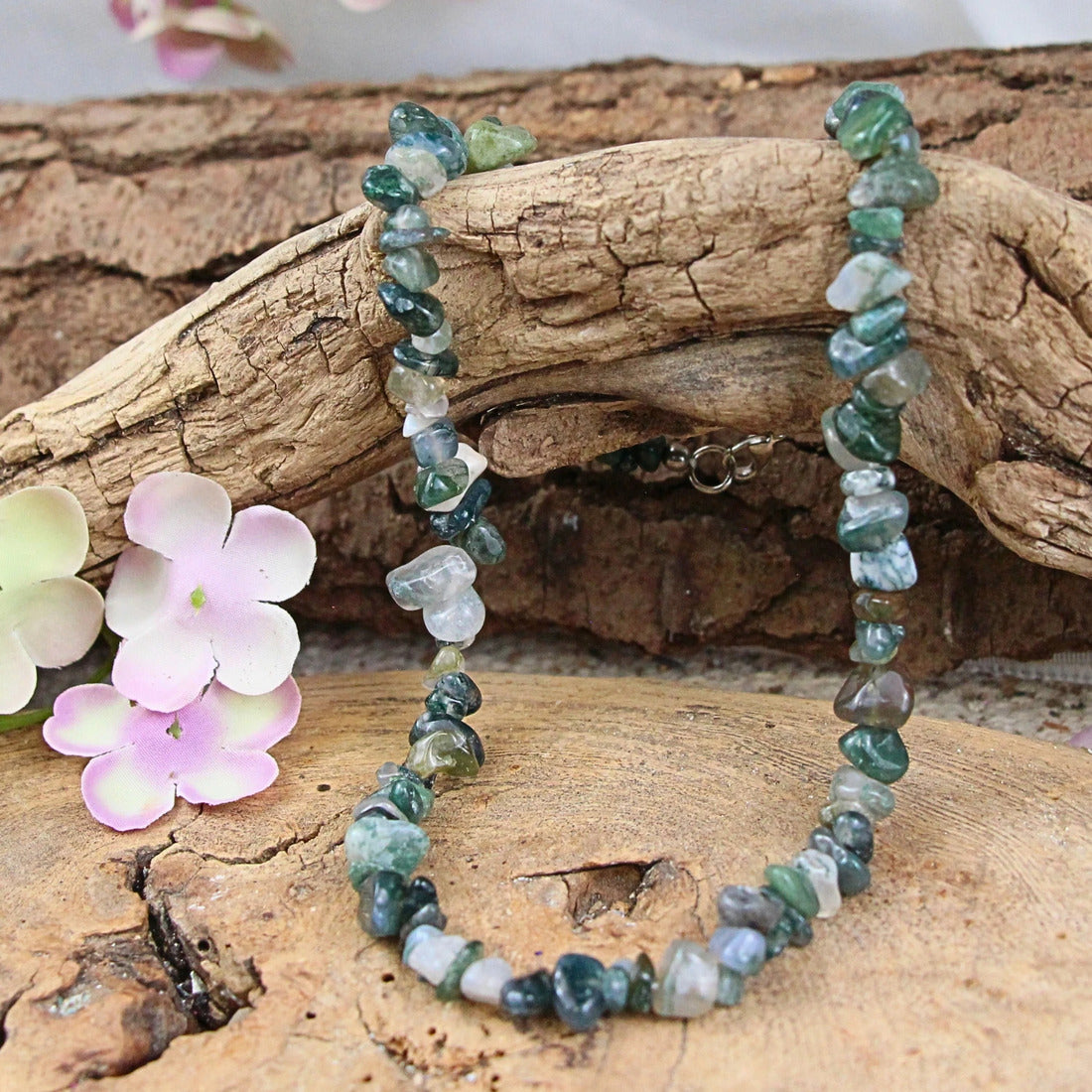 Mossagat halsband med splitstenar, 5 till 10 mm, 45 cm