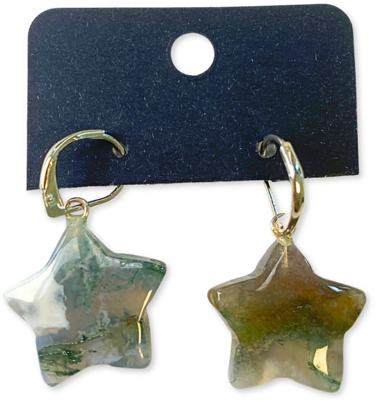 Mossagat örhängen, stjärnformade, gröna, 3 cm