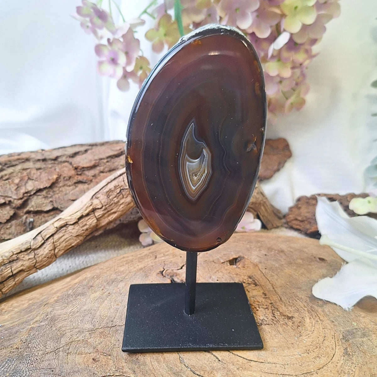 Agat på metallställning, 17 cm, grå till brun, nr 23