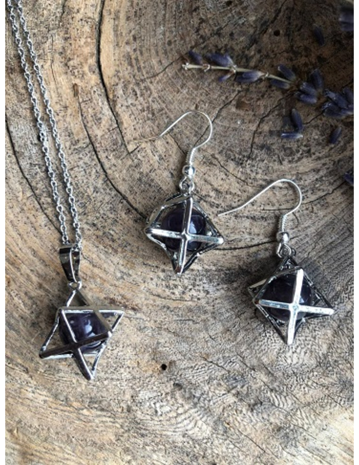 Ametist smyckesset med merkaba, hänge och örhängen