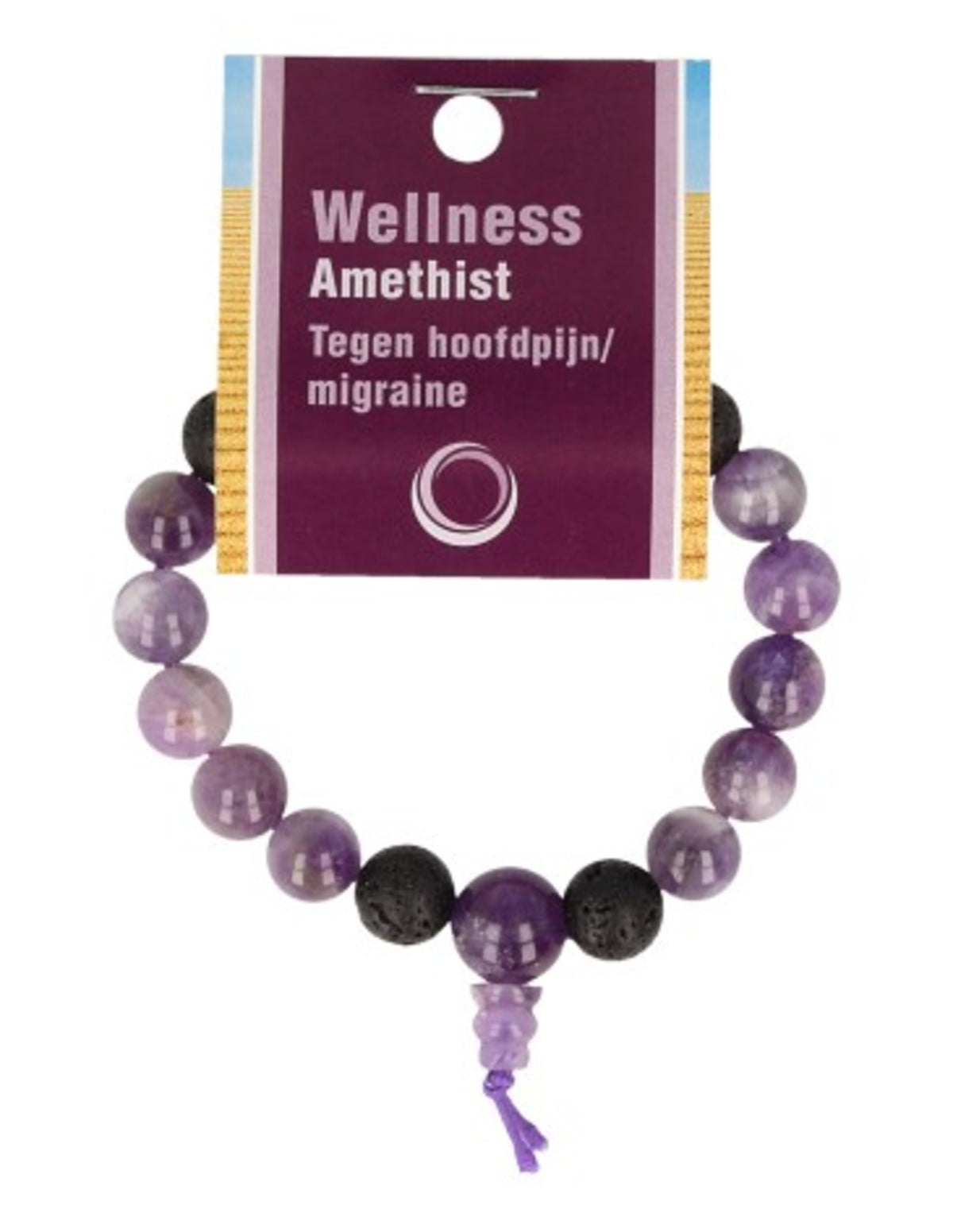 Ametist armband för män, 10 mm pärlor och lavasten, 21 cm, På kort